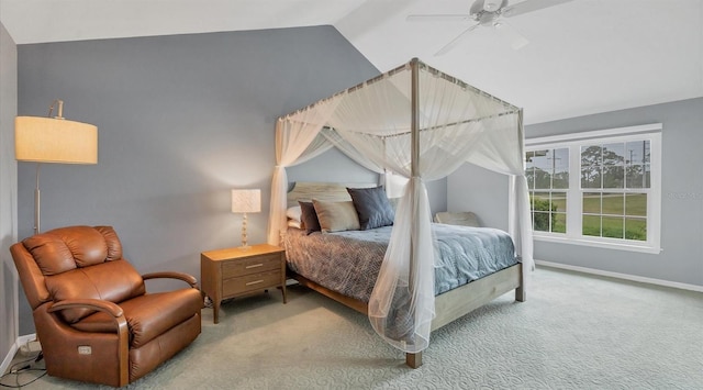 bedroom with carpet flooring, ceiling fan, and lofted ceiling