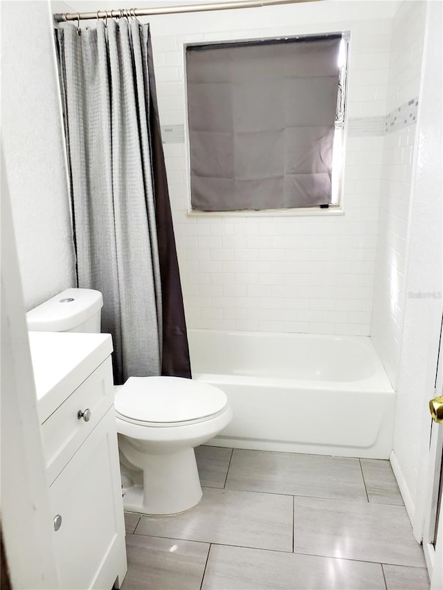 full bathroom featuring vanity, toilet, and shower / bathtub combination with curtain