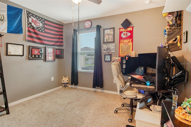 office area with carpet flooring and ceiling fan