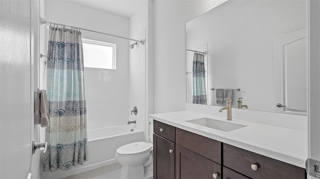 full bathroom with tile patterned flooring, vanity, toilet, and shower / bathtub combination with curtain