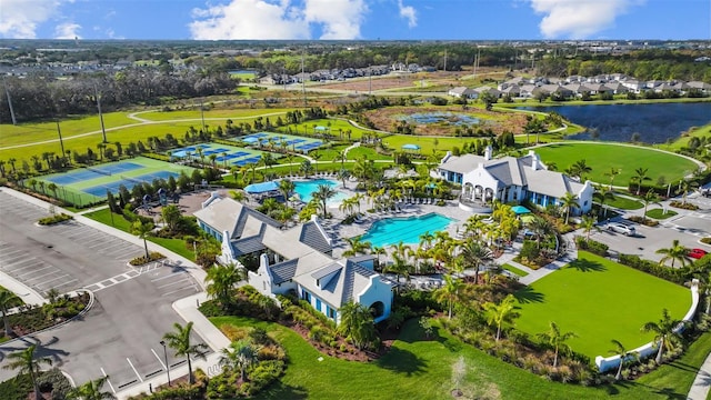 aerial view featuring a water view