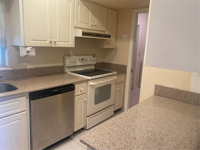 kitchen with white range with electric stovetop, white cabinetry, light stone counters, and dishwasher