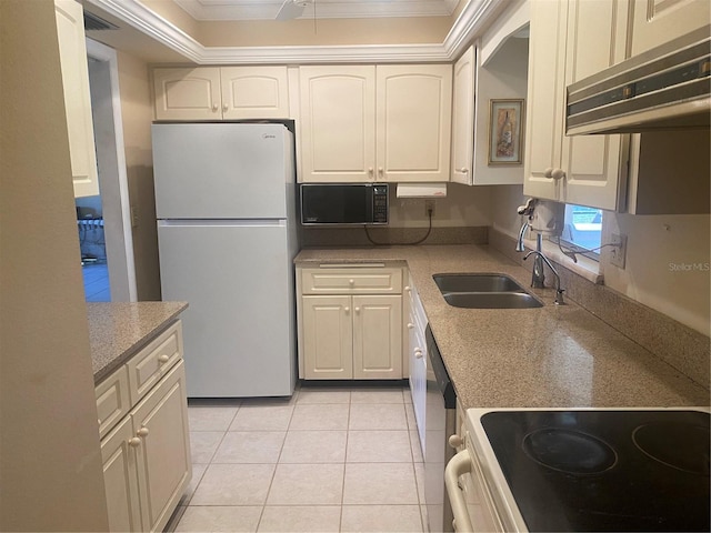 kitchen with white appliances, extractor fan, sink, and ornamental molding