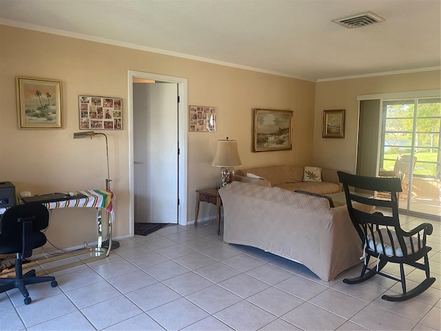 living room featuring light tile patterned floors and crown molding