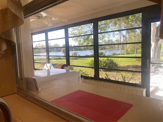 interior space featuring ceiling fan, a healthy amount of sunlight, and a water view