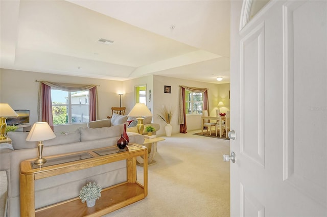 living room with carpet and a tray ceiling