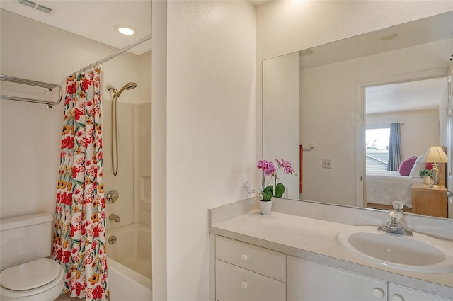 full bathroom with vanity, toilet, shower / bathtub combination with curtain, and an AC wall unit