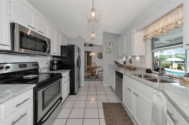 kitchen featuring white cabinets, appliances with stainless steel finishes, backsplash, and sink