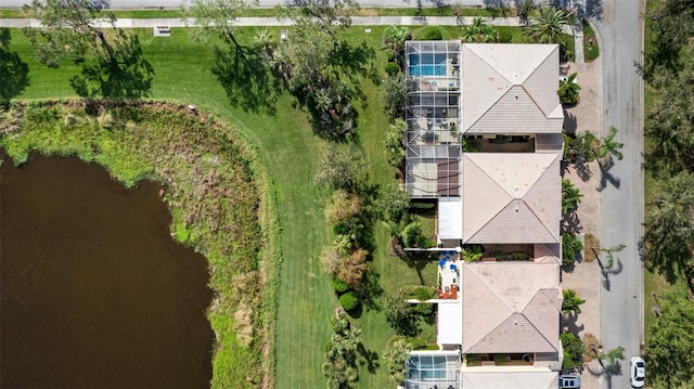 drone / aerial view with a water view