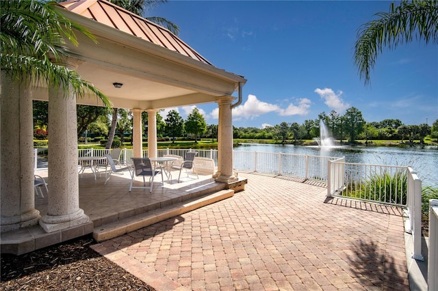 view of patio / terrace featuring a water view