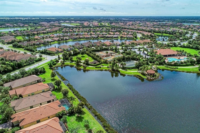 drone / aerial view with a water view