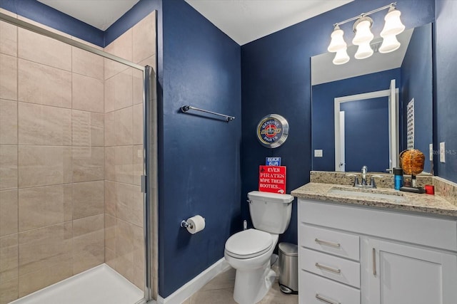 bathroom featuring tile patterned floors, vanity, toilet, and a shower with door