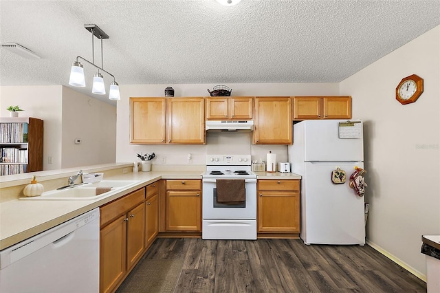 kitchen featuring dark hardwood / wood-style flooring, white appliances, a textured ceiling, sink, and decorative light fixtures