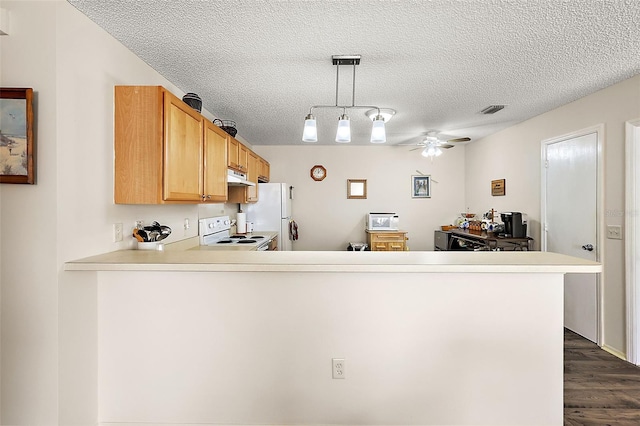 kitchen featuring kitchen peninsula, dark hardwood / wood-style flooring, white appliances, and decorative light fixtures