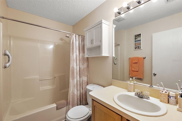 full bathroom with vanity, a textured ceiling, toilet, and shower / bathtub combination with curtain