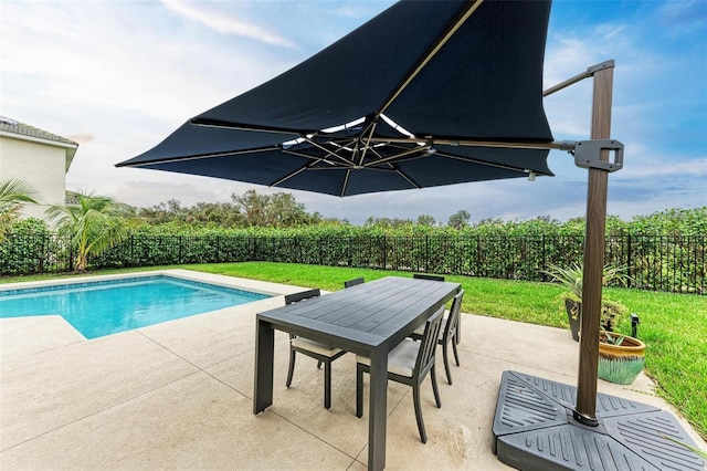 view of swimming pool with a lawn and a patio