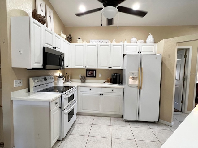 kitchen featuring ceiling fan, light tile patterned floors, white cabinets, and white appliances