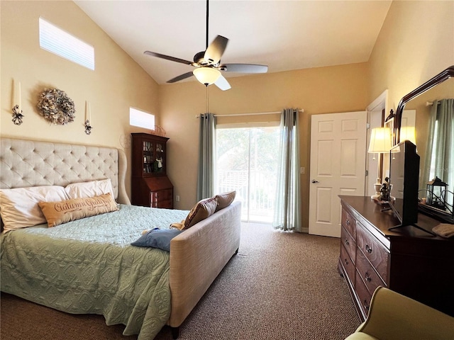 bedroom featuring ceiling fan, carpet floors, access to outside, and lofted ceiling