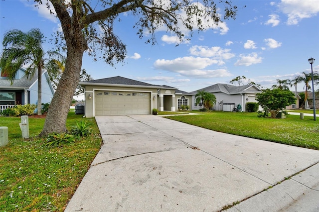 single story home featuring a front yard and a garage