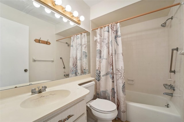 full bathroom with toilet, shower / tub combo, and vanity