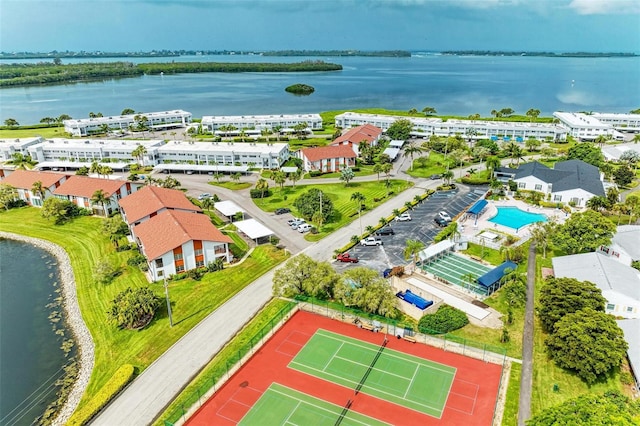 aerial view featuring a water view