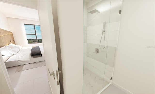 bathroom featuring tile patterned flooring and an enclosed shower