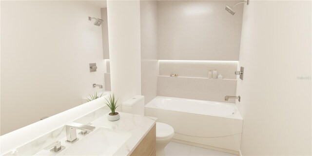 full bathroom with toilet, tiled shower / bath combo, vanity, and tile patterned flooring