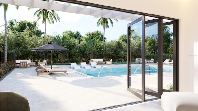 view of swimming pool featuring a patio area