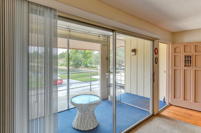 doorway featuring a textured ceiling and carpet floors