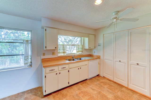 kitchen with dishwasher, a textured ceiling, a healthy amount of sunlight, and white cabinets