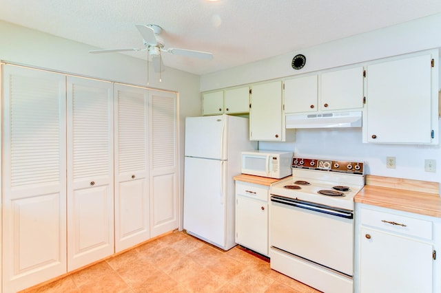 kitchen featuring white cabinetry, a textured ceiling, white appliances, and ceiling fan