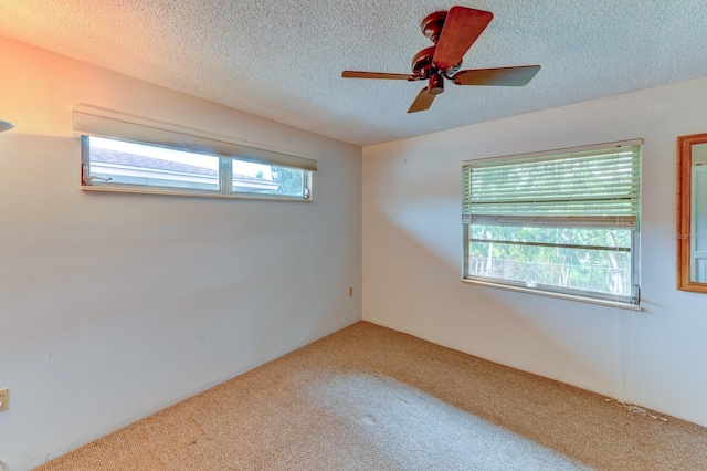 spare room with ceiling fan, a textured ceiling, and carpet flooring