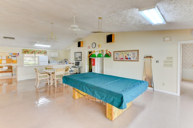 recreation room with pool table, vaulted ceiling, ceiling fan, and a textured ceiling