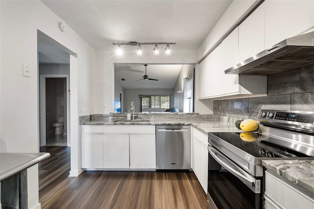 kitchen featuring sink, dark hardwood / wood-style floors, light stone countertops, appliances with stainless steel finishes, and white cabinetry