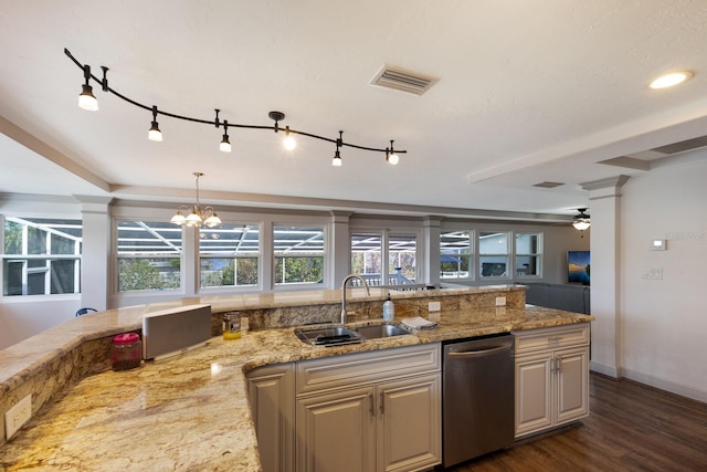 kitchen with dishwasher, ceiling fan with notable chandelier, sink, light stone countertops, and dark hardwood / wood-style flooring