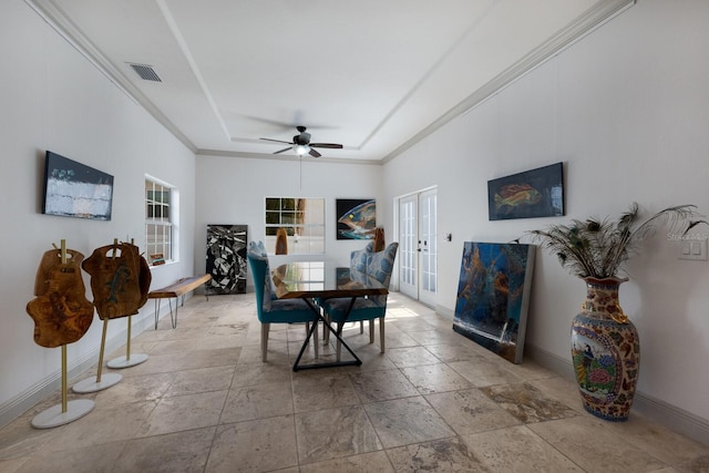 dining room with french doors, ceiling fan, and ornamental molding