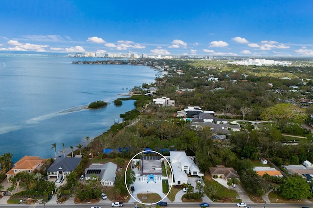 drone / aerial view featuring a water view