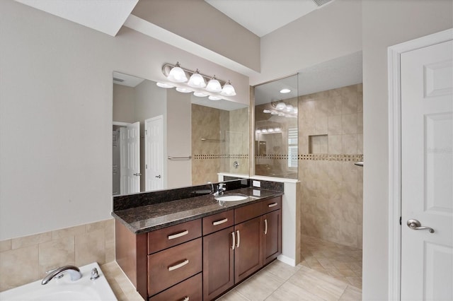 575 Fore Dr, Bradenton, FL 34208 - bathroom with walk in shower, vanity, tile patterned floors, and a bath