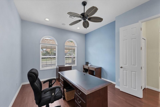 575 Fore Dr, Bradenton, FL 34208 - office area with a ceiling fan, dark wood finished floors, baseboards, and recessed lighting