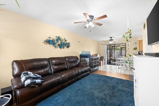 living room with a textured ceiling and light wood-type flooring