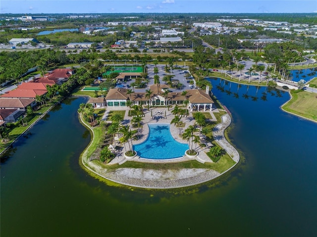 birds eye view of property featuring a water view