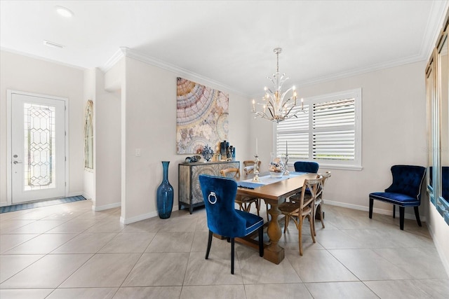 dining area with an inviting chandelier, light tile patterned flooring, and ornamental molding