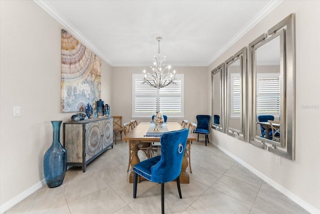 dining room with light tile patterned floors, crown molding, a wealth of natural light, and a chandelier