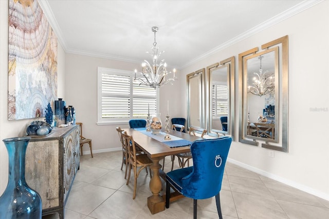 tiled dining space with crown molding and an inviting chandelier