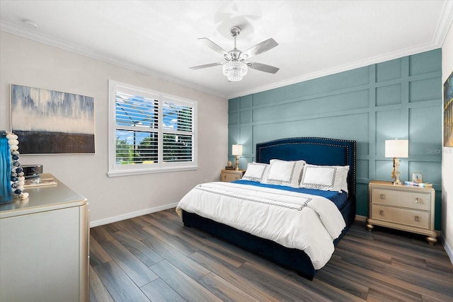 bedroom featuring dark hardwood / wood-style flooring, ceiling fan, and ornamental molding