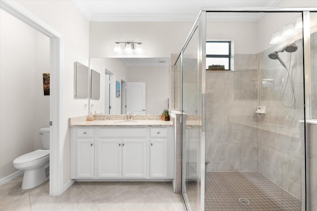 bathroom with tile patterned floors, ornamental molding, vanity, a shower with door, and toilet