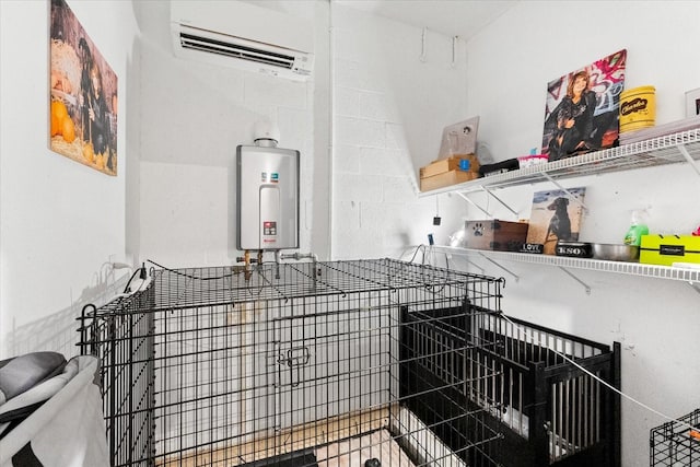 miscellaneous room with an AC wall unit and water heater