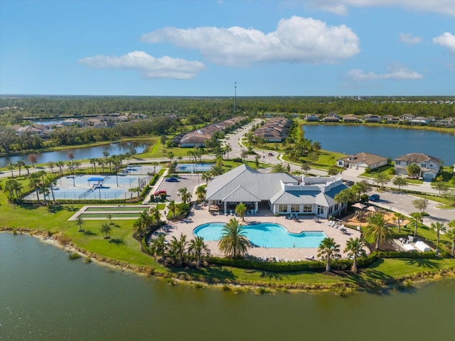 aerial view featuring a water view