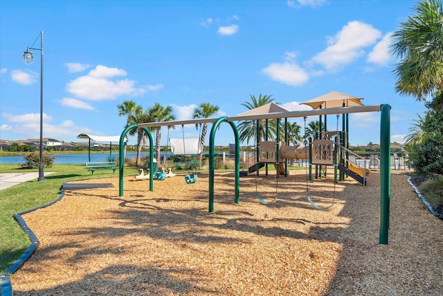 view of jungle gym with a water view