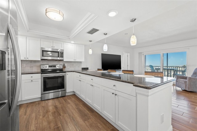 kitchen with a tray ceiling, open floor plan, dark wood-style floors, a peninsula, and appliances with stainless steel finishes